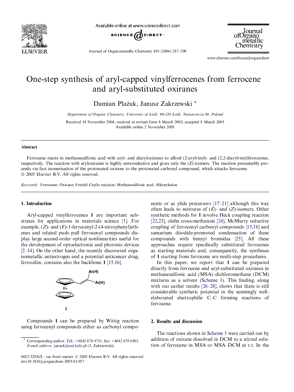 One-step synthesis of aryl-capped vinylferrocenes from ferrocene and aryl-substituted oxiranes