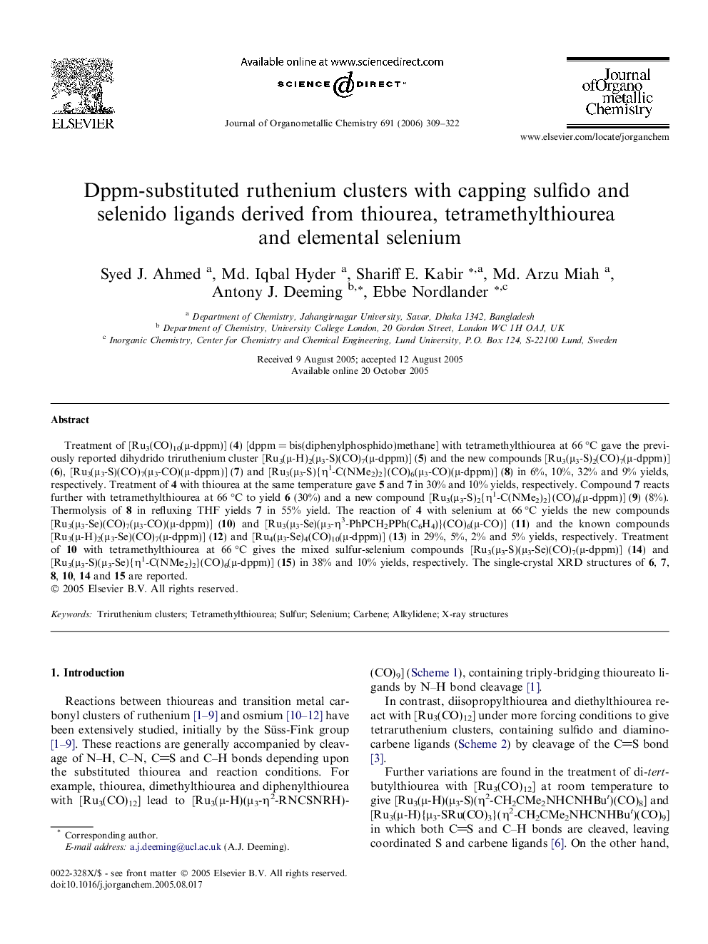 Dppm-substituted ruthenium clusters with capping sulfido and selenido ligands derived from thiourea, tetramethylthiourea and elemental selenium