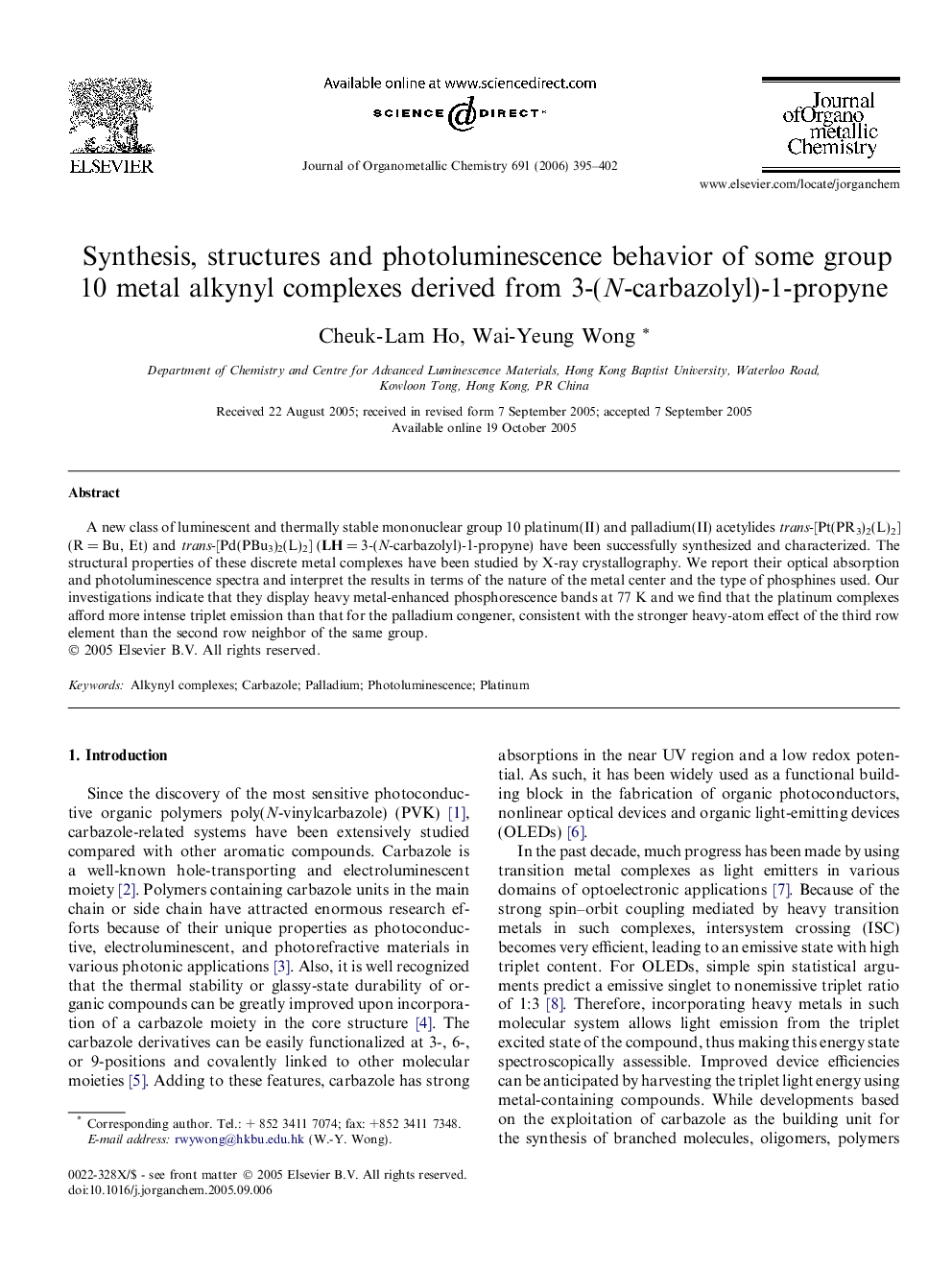 Synthesis, structures and photoluminescence behavior of some group 10 metal alkynyl complexes derived from 3-(N-carbazolyl)-1-propyne