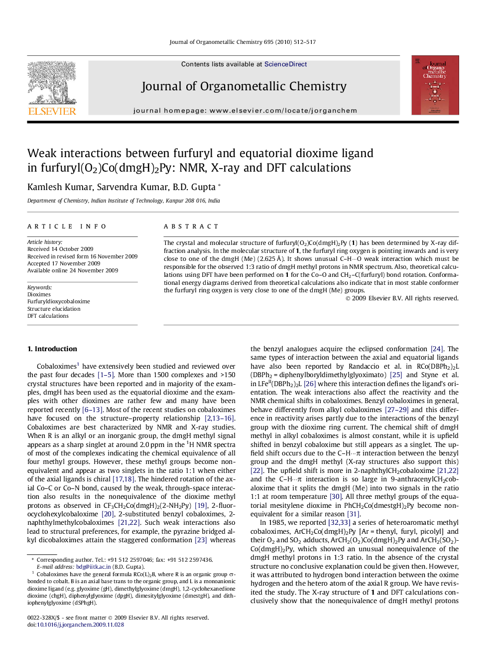 عکس صفحه اول مقاله: Weak interactions between furfuryl and equatorial dioxime ligand in furfuryl(O2)Co(dmgH)2Py: NMR, X-ray and DFT calculations Weak interactions between furfuryl and equatorial dioxime ligand in furfuryl(O2)Co(dmgH)2Py: NMR, X-ray and DFT calculations