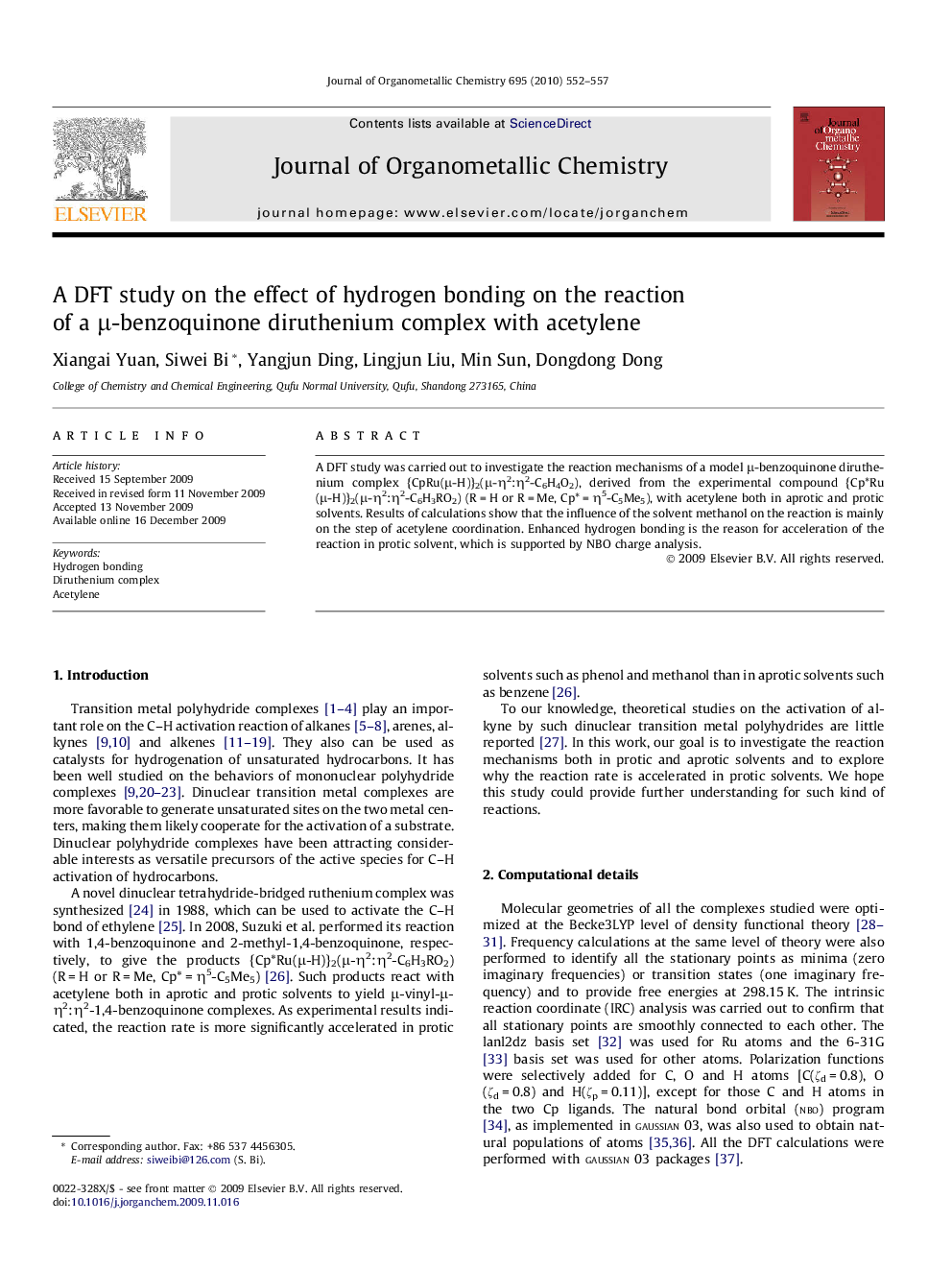 A DFT study on the effect of hydrogen bonding on the reaction of a Î¼-benzoquinone diruthenium complex with acetylene