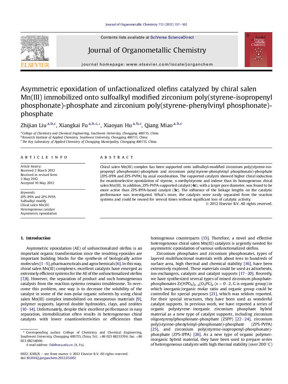 Asymmetric epoxidation of unfactionalized olefins catalyzed by chiral salen Mn(III) immobilized onto sulfoalkyl modified zirconium poly(styrene-isopropenyl phosphonate)-phosphate and zirconium poly(styrene-phenylvinyl phosphonate)-phosphate