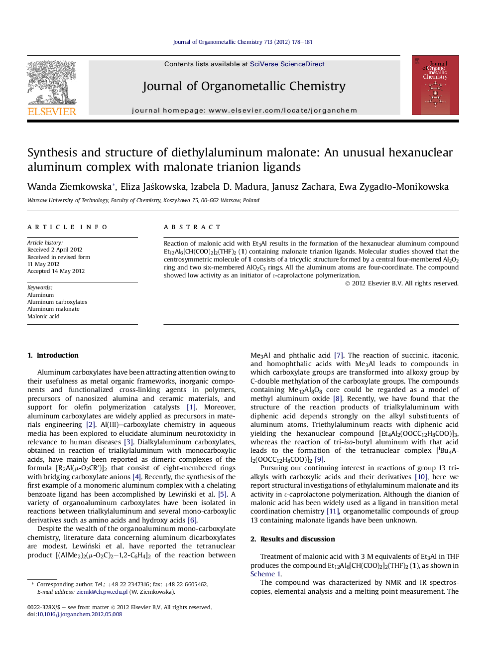 Synthesis and structure of diethylaluminum malonate: An unusual hexanuclear aluminum complex with malonate trianion ligands