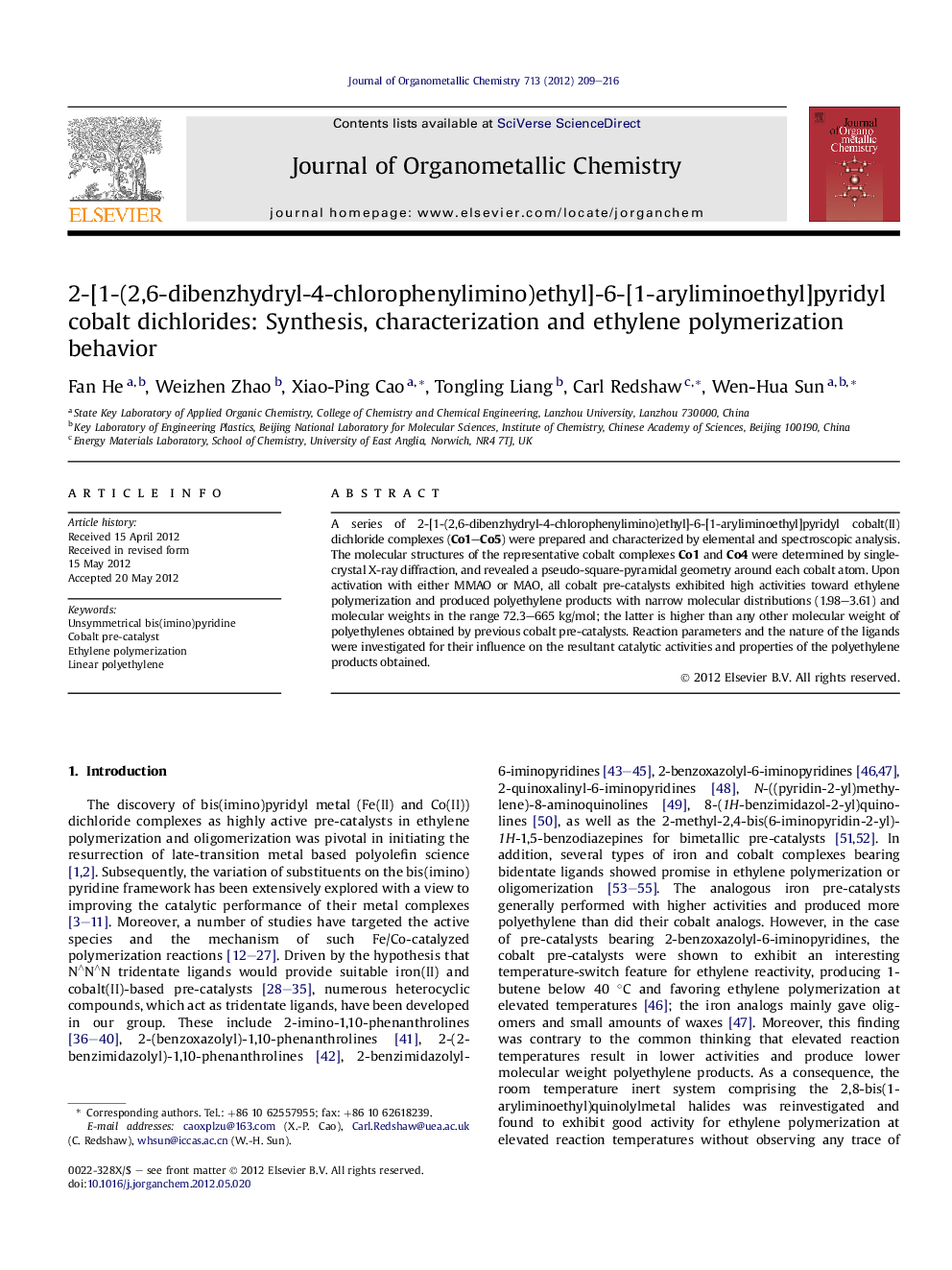 2-[1-(2,6-dibenzhydryl-4-chlorophenylimino)ethyl]-6-[1-aryliminoethyl]pyridyl cobalt dichlorides: Synthesis, characterization and ethylene polymerization behavior