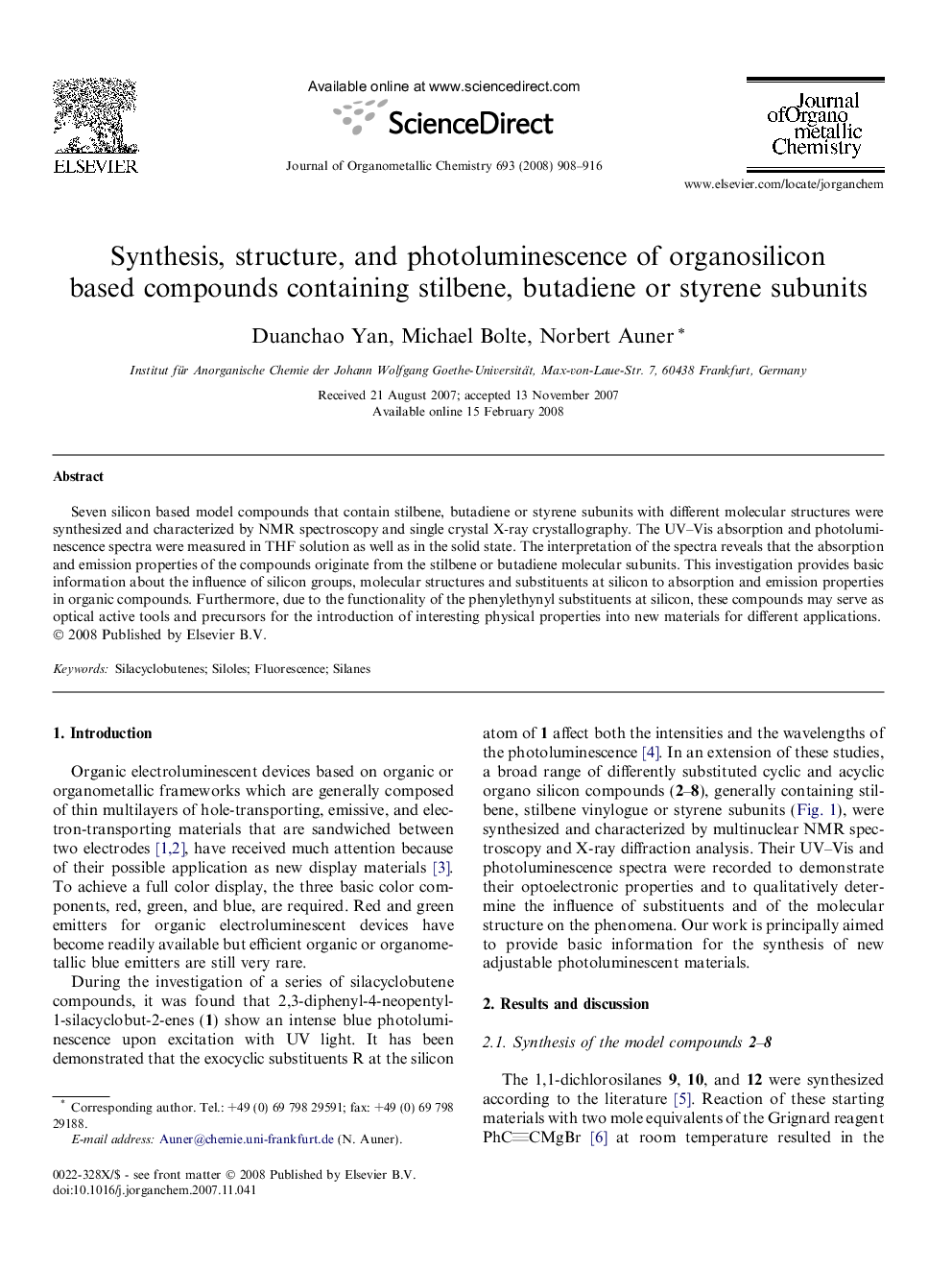 Synthesis, structure, and photoluminescence of organosilicon based compounds containing stilbene, butadiene or styrene subunits