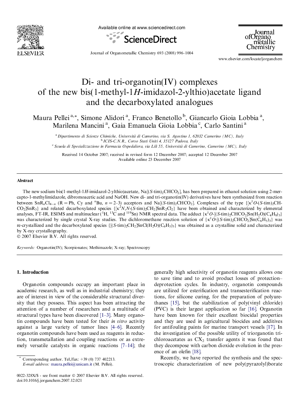 Di- and tri-organotin(IV) complexes of the new bis(1-methyl-1H-imidazol-2-ylthio)acetate ligand and the decarboxylated analogues