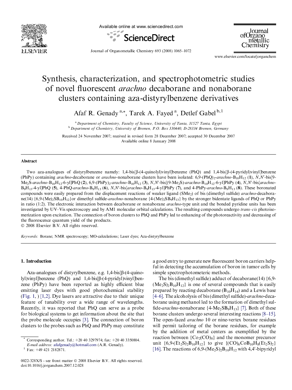 Synthesis, characterization, and spectrophotometric studies of novel fluorescent arachno decaborane and nonaborane clusters containing aza-distyrylbenzene derivatives