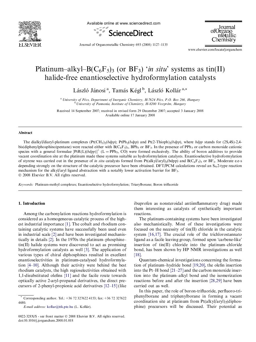 Platinum–alkyl–B(C6F5)3 (or BF3) ‘in situ’ systems as tin(II) halide-free enantioselective hydroformylation catalysts