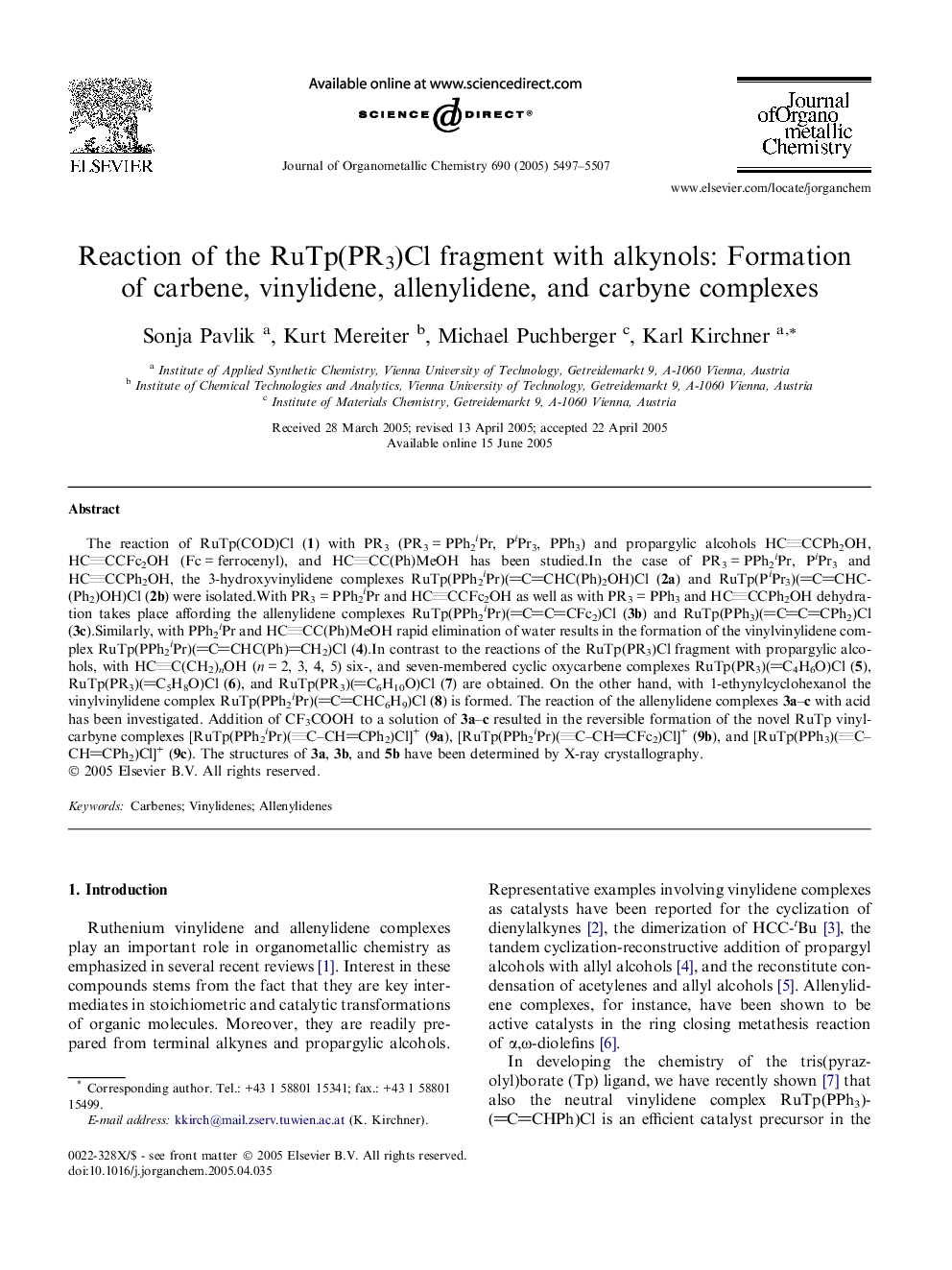 Reaction of the RuTp(PR3)Cl fragment with alkynols: Formation of carbene, vinylidene, allenylidene, and carbyne complexes