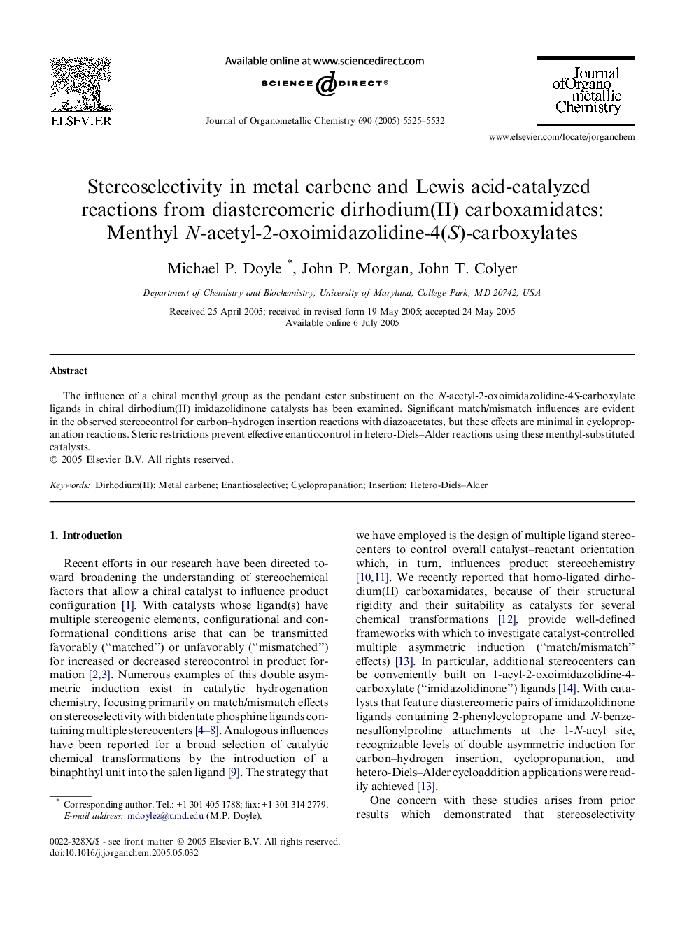 Stereoselectivity in metal carbene and Lewis acid-catalyzed reactions from diastereomeric dirhodium(II) carboxamidates: Menthyl N-acetyl-2-oxoimidazolidine-4(S)-carboxylates