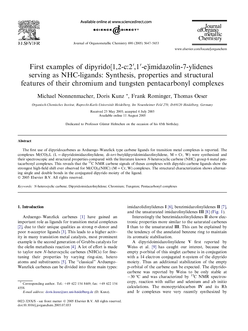 First examples of dipyrido[1,2-c:2′,1′-e]imidazolin-7-ylidenes serving as NHC-ligands: Synthesis, properties and structural features of their chromium and tungsten pentacarbonyl complexes