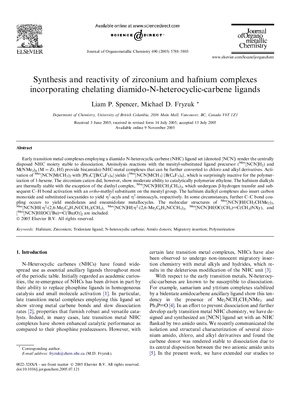 Synthesis and reactivity of zirconium and hafnium complexes incorporating chelating diamido-N-heterocyclic-carbene ligands