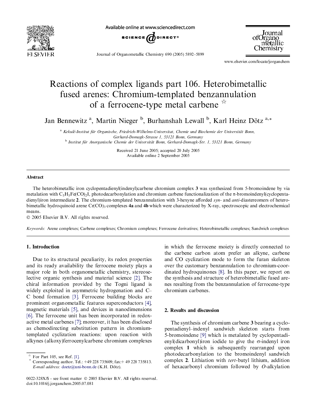 Reactions of complex ligands part 106. Heterobimetallic fused arenes: Chromium-templated benzannulation of a ferrocene-type metal carbene 