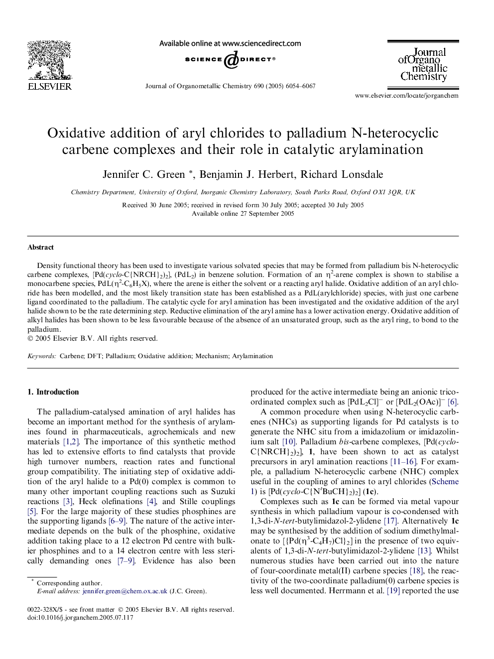 Oxidative addition of aryl chlorides to palladium N-heterocyclic carbene complexes and their role in catalytic arylamination