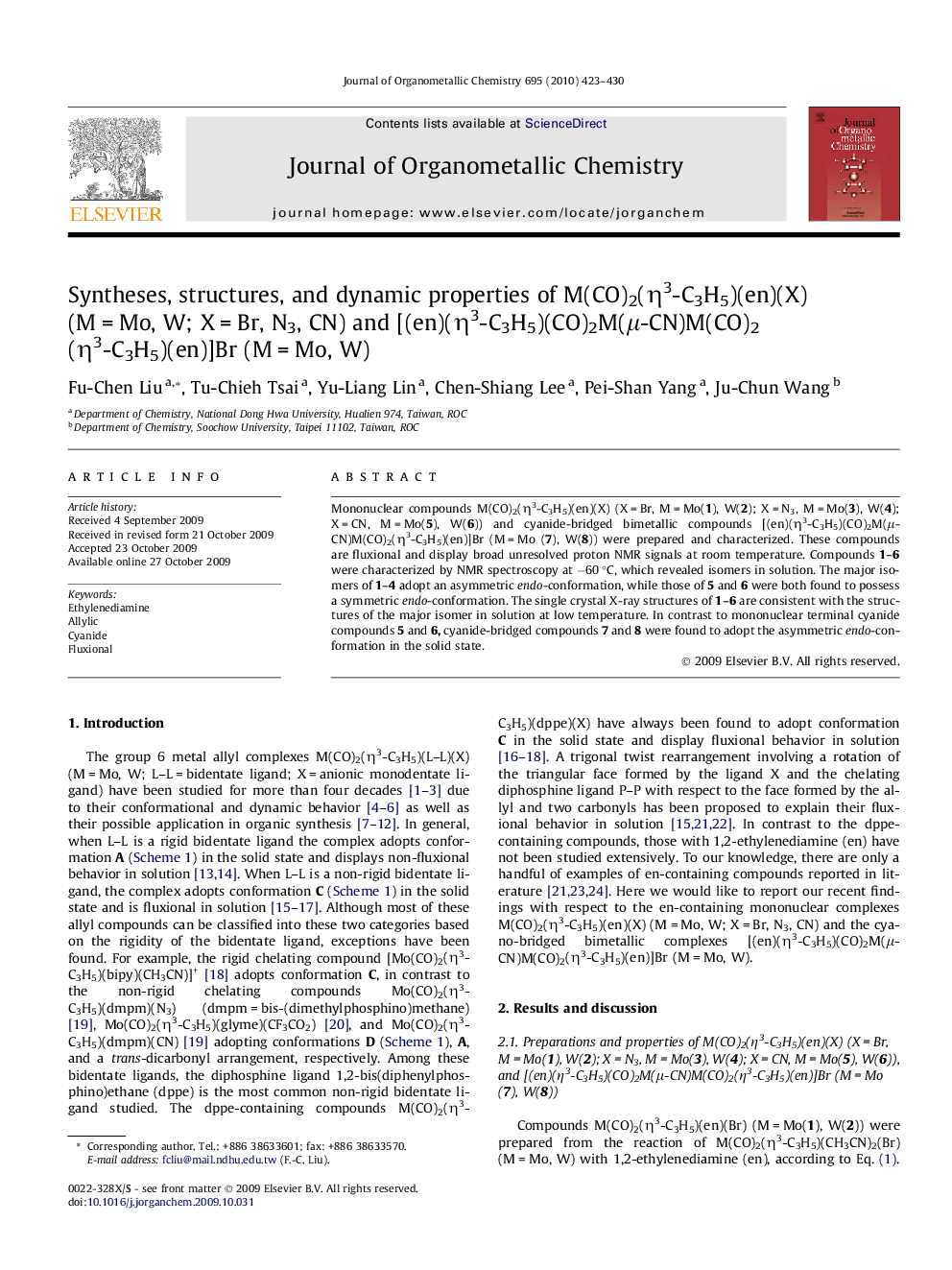 Syntheses, structures, and dynamic properties of M(CO)2(η3-C3H5)(en)(X) (M = Mo, W; X = Br, N3, CN) and [(en)(η3-C3H5)(CO)2M(μ-CN)M(CO)2(η3-C3H5)(en)]Br (M = Mo, W)