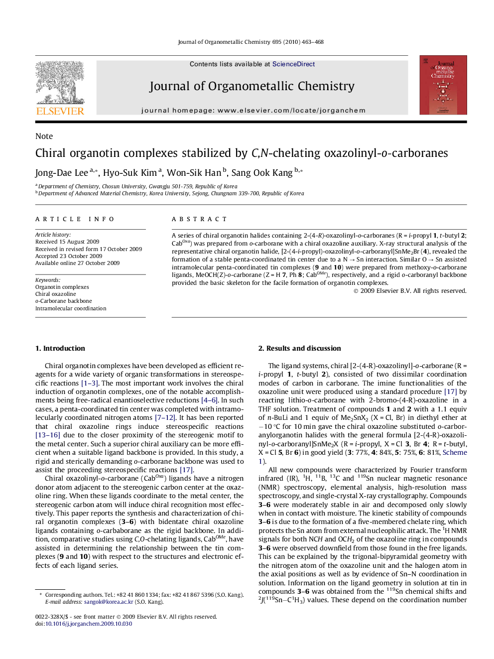 Chiral organotin complexes stabilized by C,N-chelating oxazolinyl-o-carboranes