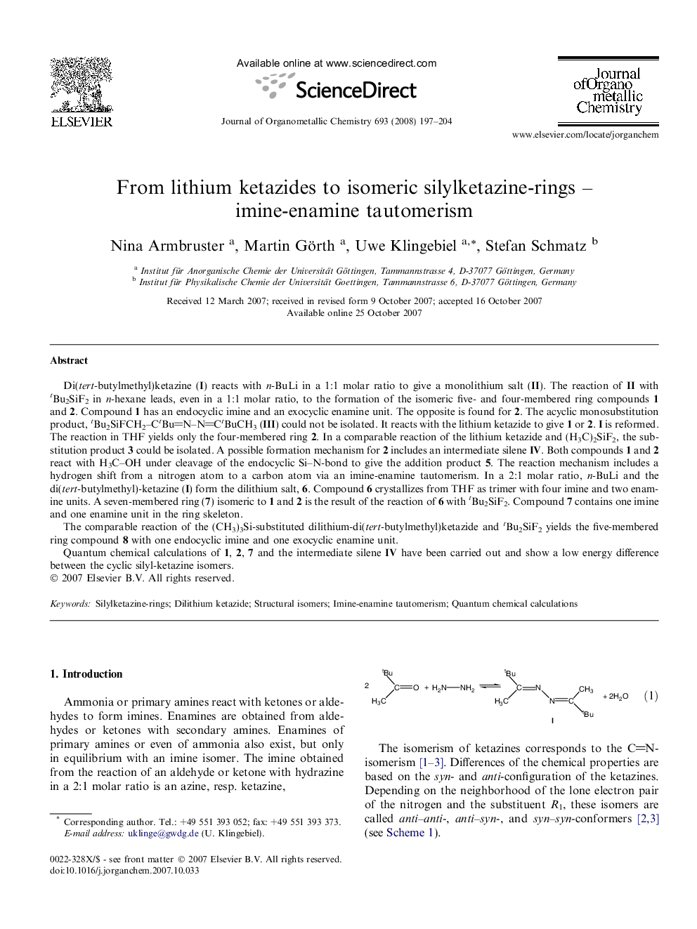 From lithium ketazides to isomeric silylketazine-rings - imine-enamine tautomerism