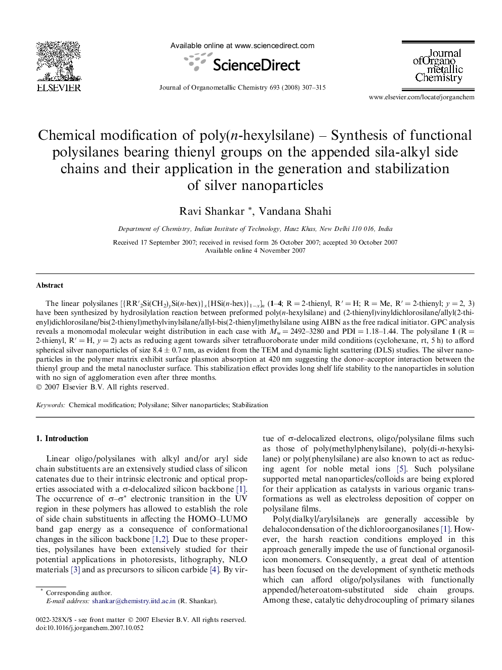 Chemical modification of poly(n-hexylsilane) - Synthesis of functional polysilanes bearing thienyl groups on the appended sila-alkyl side chains and their application in the generation and stabilization of silver nanoparticles