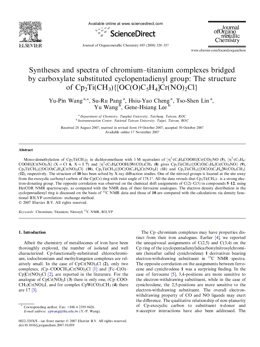 Syntheses and spectra of chromium-titanium complexes bridged by carboxylate substituted cyclopentadienyl group: The structure of Cp2Ti(CH3){[OC(O)C5H4]Cr(NO)2Cl}