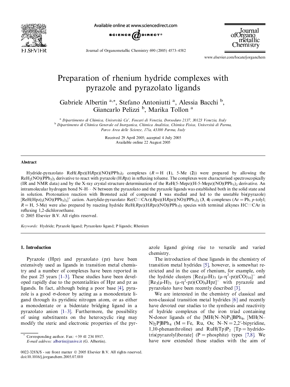 Preparation of rhenium hydride complexes with pyrazole and pyrazolato ligands