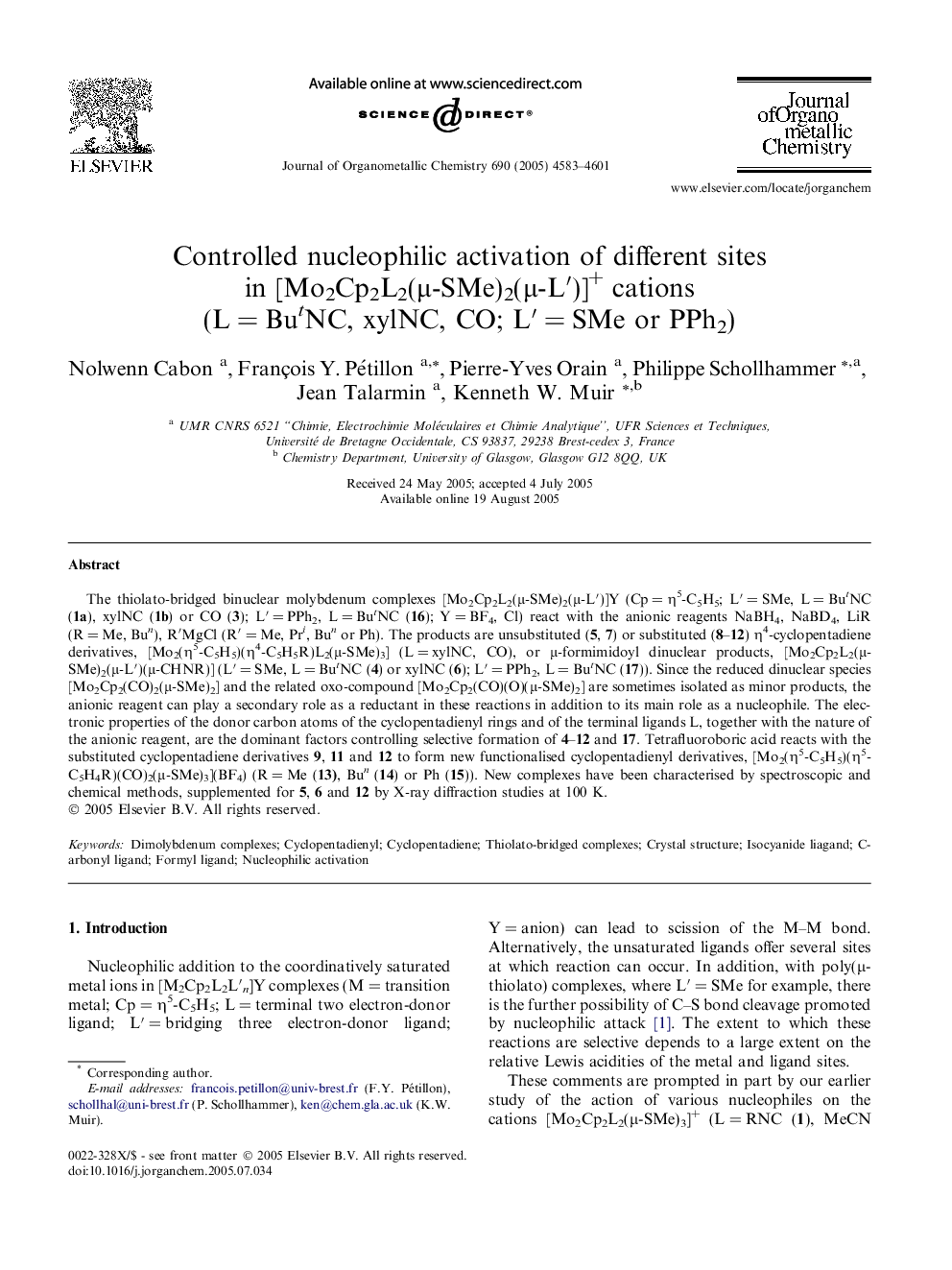 Controlled nucleophilic activation of different sites in [Mo2Cp2L2(Î¼-SMe)2(Î¼-Lâ²)]+ cations (LÂ =Â ButNC, xylNC, CO; Lâ²Â =Â SMe or PPh2)