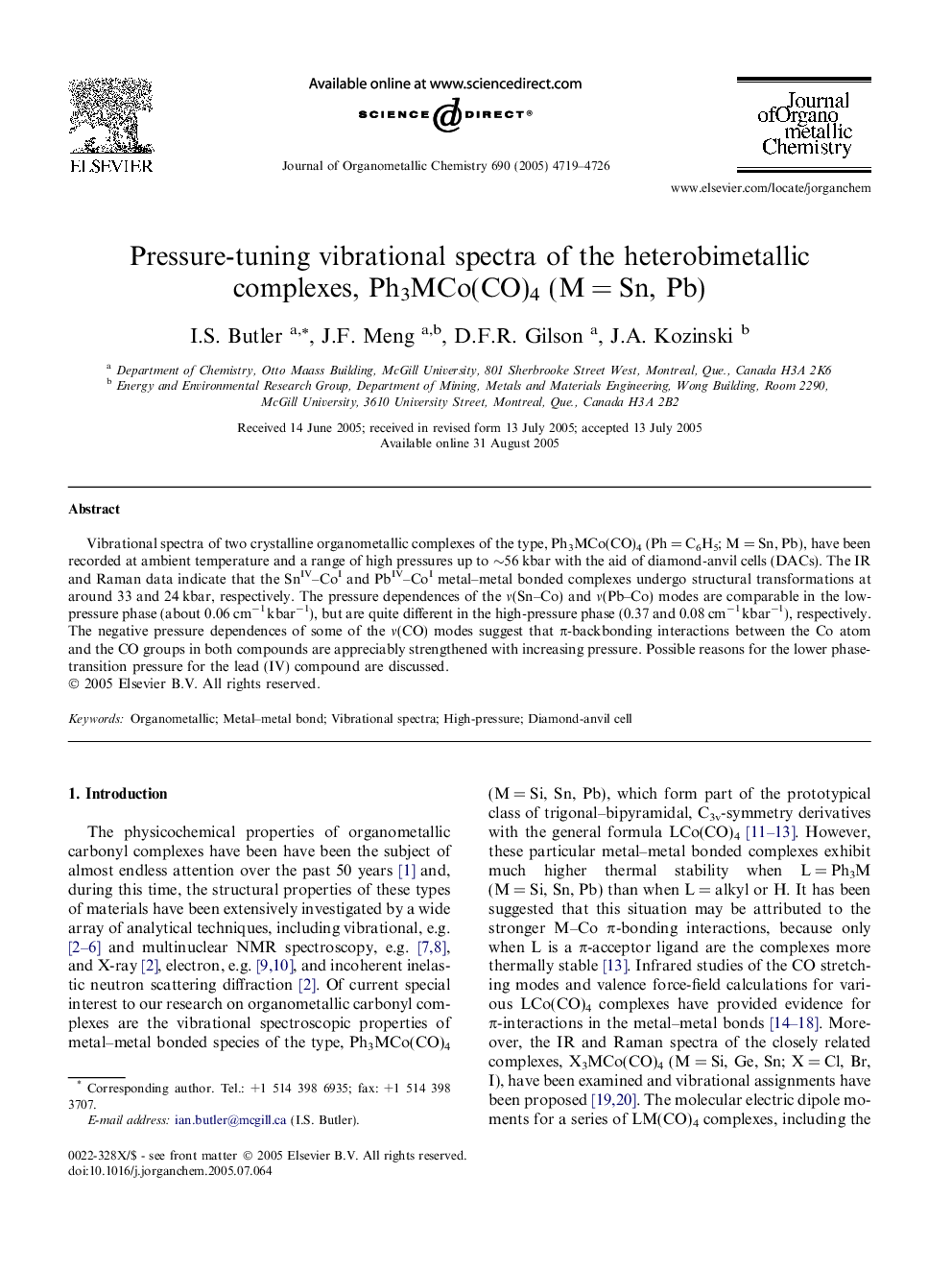 Pressure-tuning vibrational spectra of the heterobimetallic complexes, Ph3MCo(CO)4 (M = Sn, Pb)