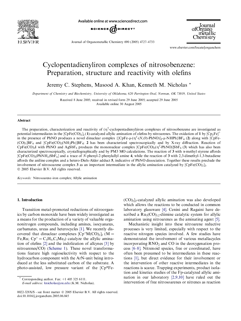 Cyclopentadienyliron complexes of nitrosobenzene: Preparation, structure and reactivity with olefins