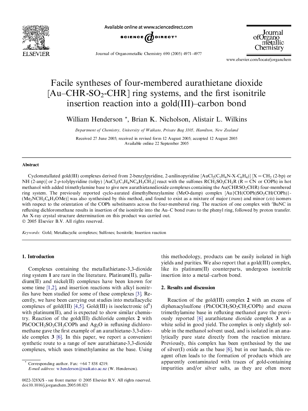 Facile syntheses of four-membered aurathietane dioxide [Au–CHR-SO2-CHR] ring systems, and the first isonitrile insertion reaction into a gold(III)–carbon bond