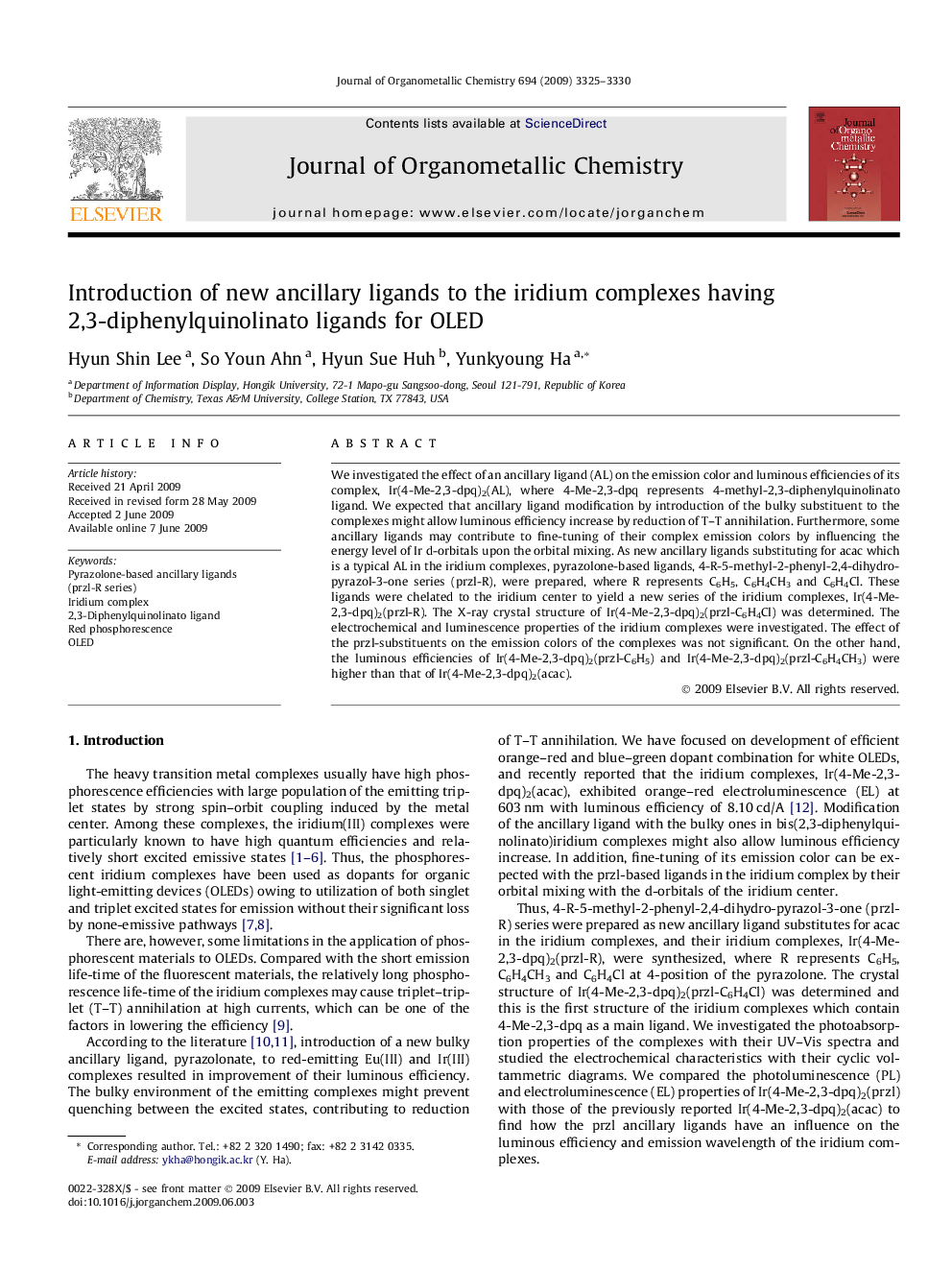 Introduction of new ancillary ligands to the iridium complexes having 2,3-diphenylquinolinato ligands for OLED