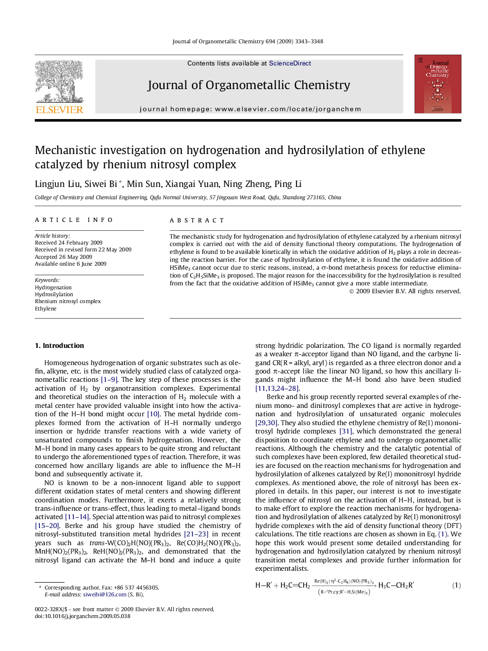 عکس صفحه اول مقاله: Mechanistic investigation on hydrogenation and hydrosilylation of ethylene catalyzed by rhenium nitrosyl complex Mechanistic investigation on hydrogenation and hydrosilylation of ethylene catalyzed by rhenium nitrosyl complex
