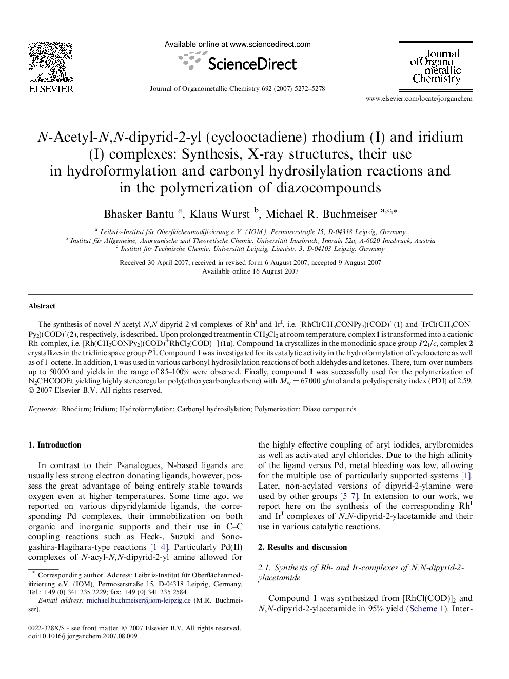 N-Acetyl-N,N-dipyrid-2-yl (cyclooctadiene) rhodium (I) and iridium (I) complexes: Synthesis, X-ray structures, their use in hydroformylation and carbonyl hydrosilylation reactions and in the polymerization of diazocompounds