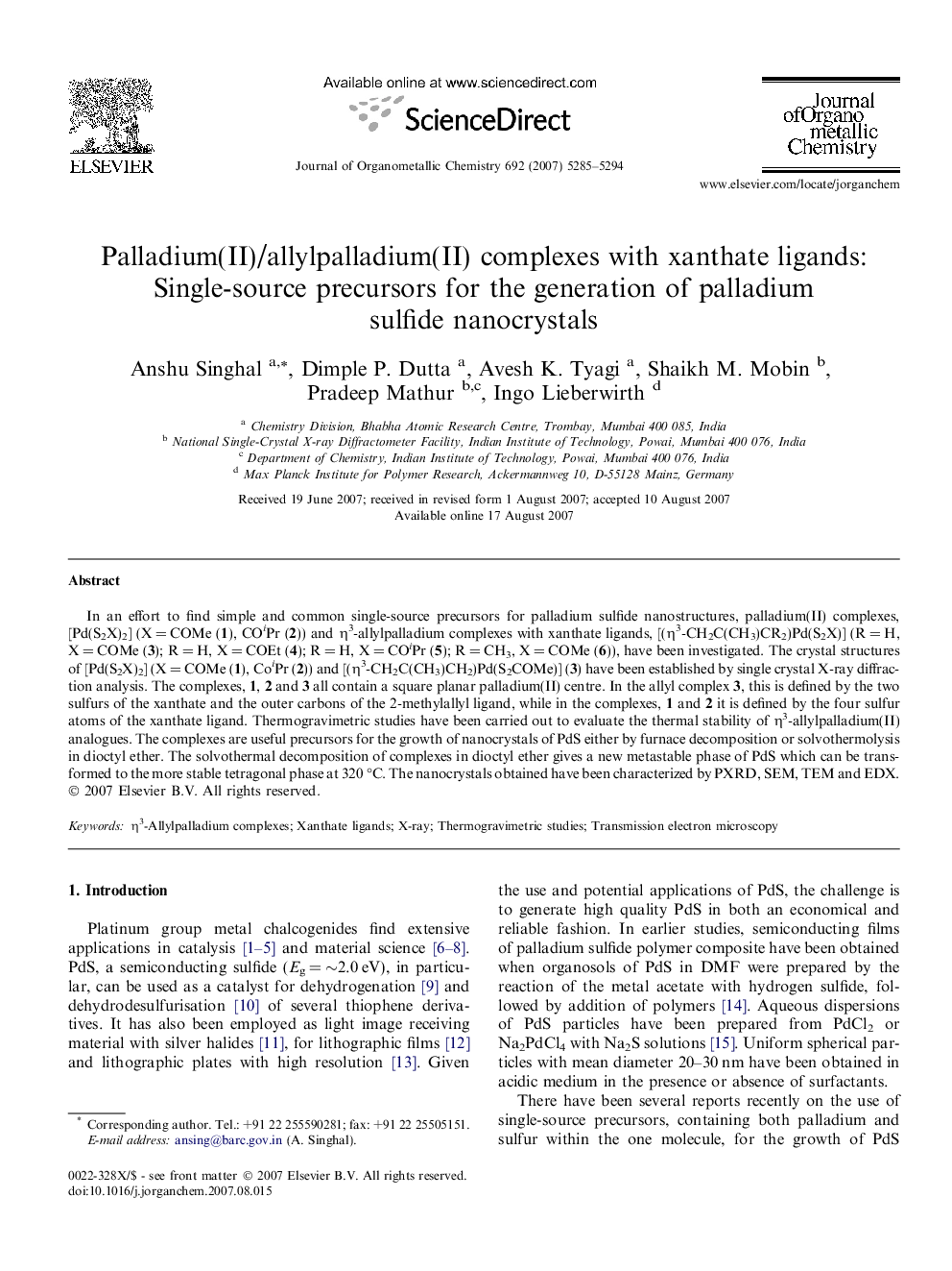 Palladium(II)/allylpalladium(II) complexes with xanthate ligands: Single-source precursors for the generation of palladium sulfide nanocrystals