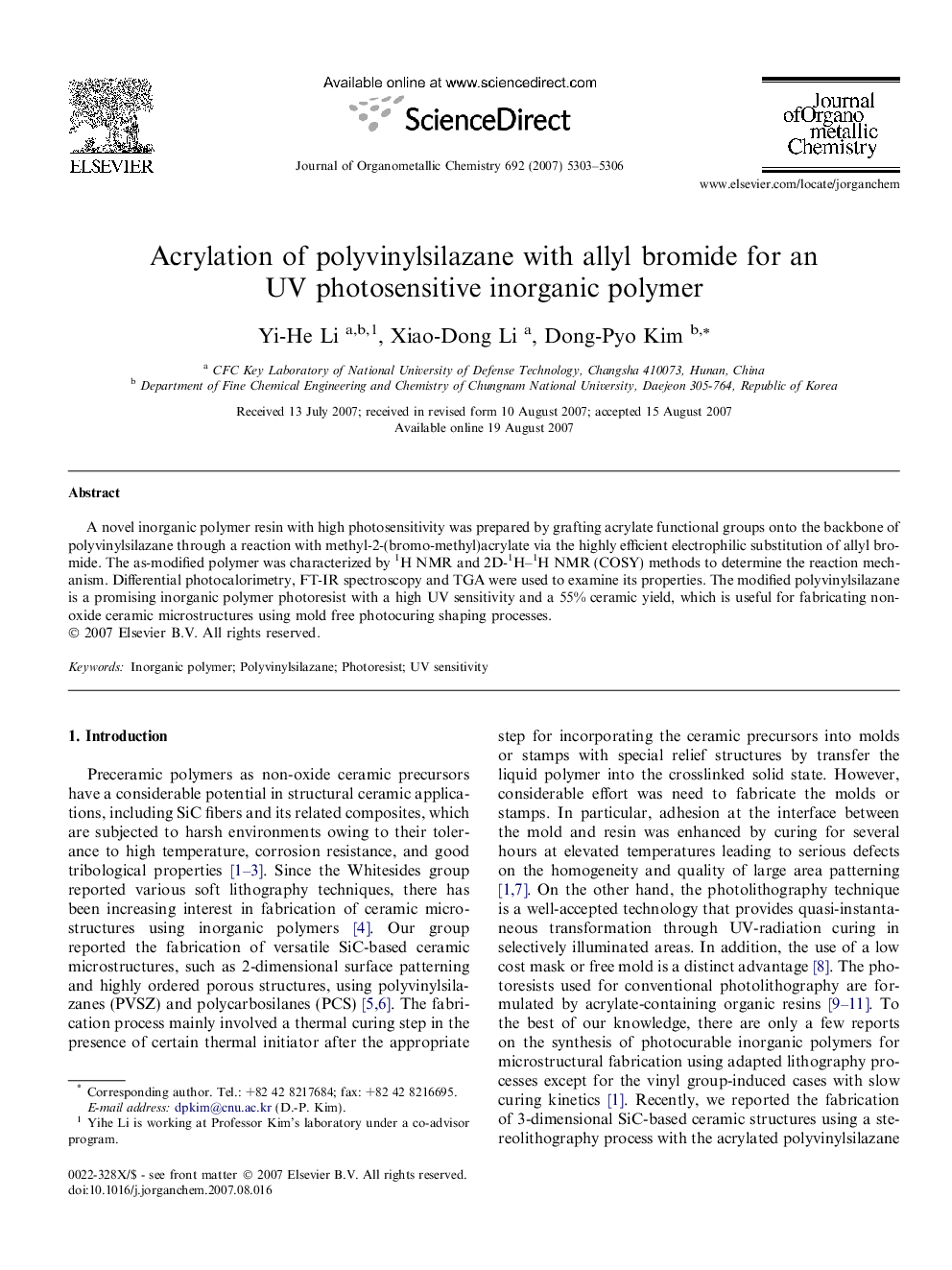 Acrylation of polyvinylsilazane with allyl bromide for an UV photosensitive inorganic polymer