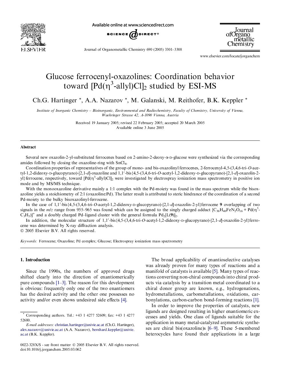 Glucose ferrocenyl-oxazolines: Coordination behavior toward [Pd(η3-allyl)Cl]2 studied by ESI-MS