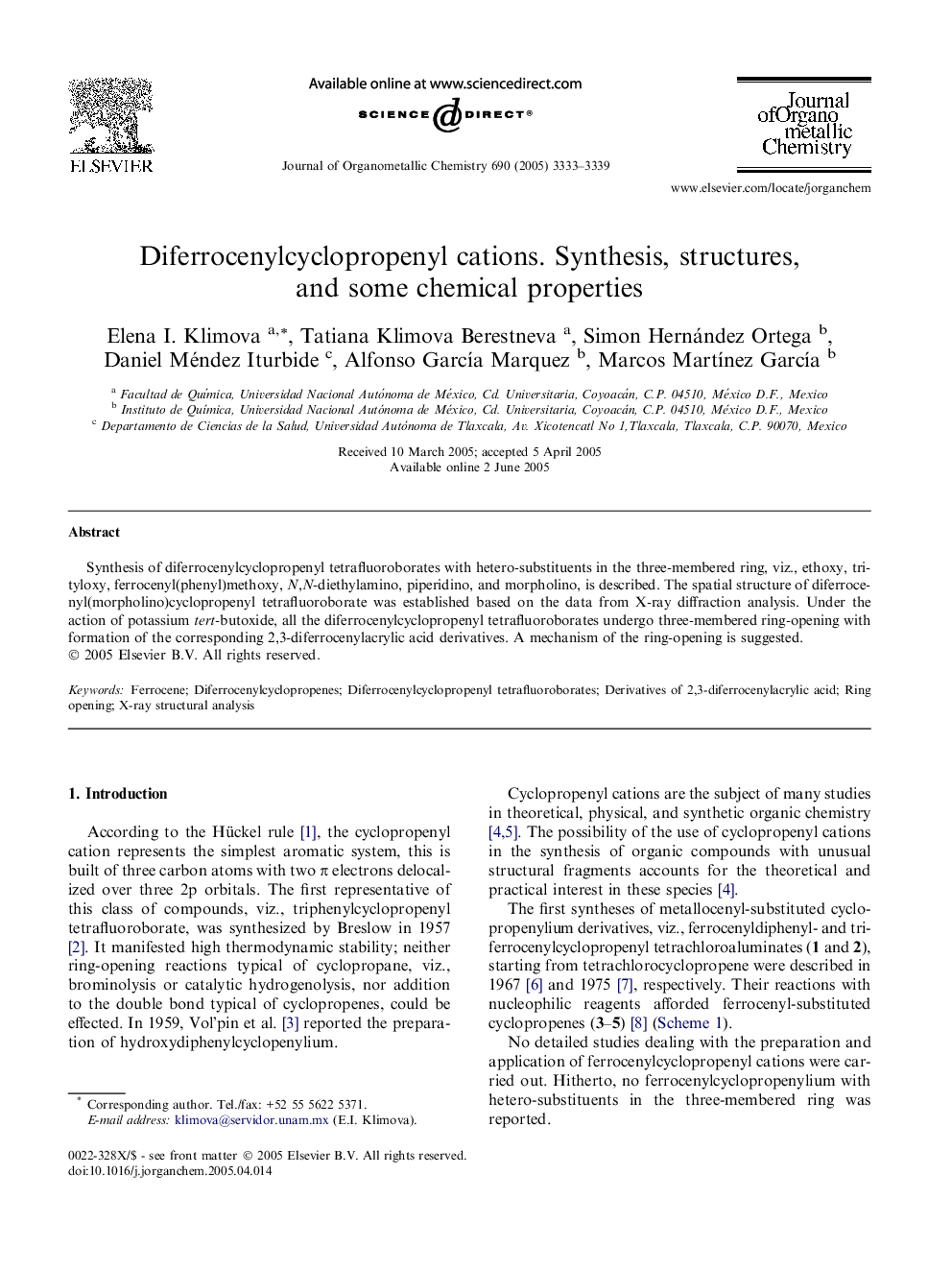 Diferrocenylcyclopropenyl cations. Synthesis, structures, and some chemical properties