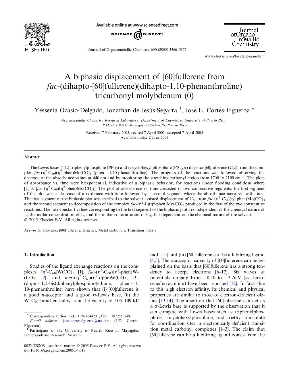 A biphasic displacement of [60]fullerene from fac-(dihapto-[60]fullerene)(dihapto-1,10-phenanthroline) tricarbonyl molybdenum (0)