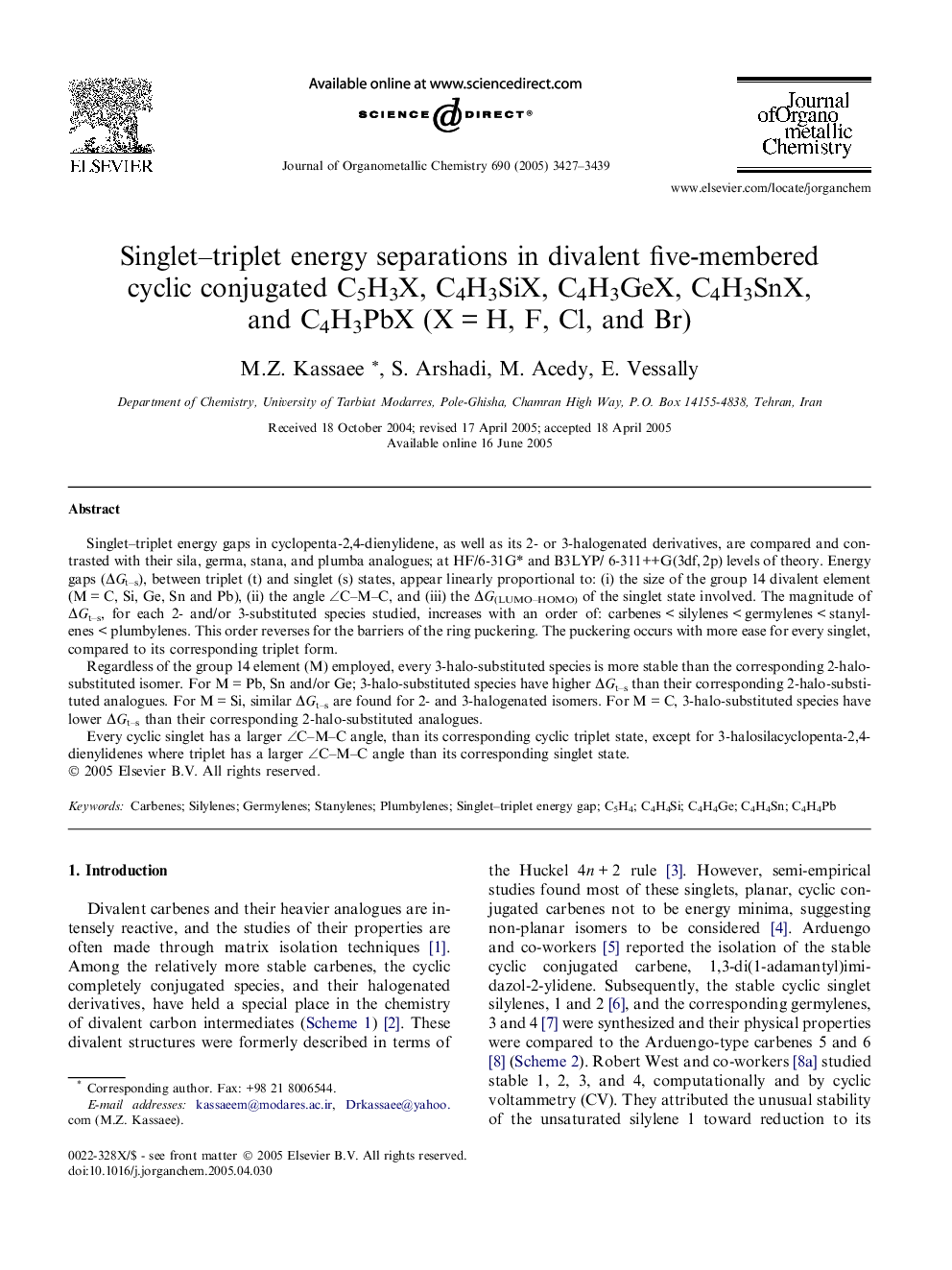 Singlet–triplet energy separations in divalent five-membered cyclic conjugated C5H3X, C4H3SiX, C4H3GeX, C4H3SnX, and C4H3PbX (X = H, F, Cl, and Br)