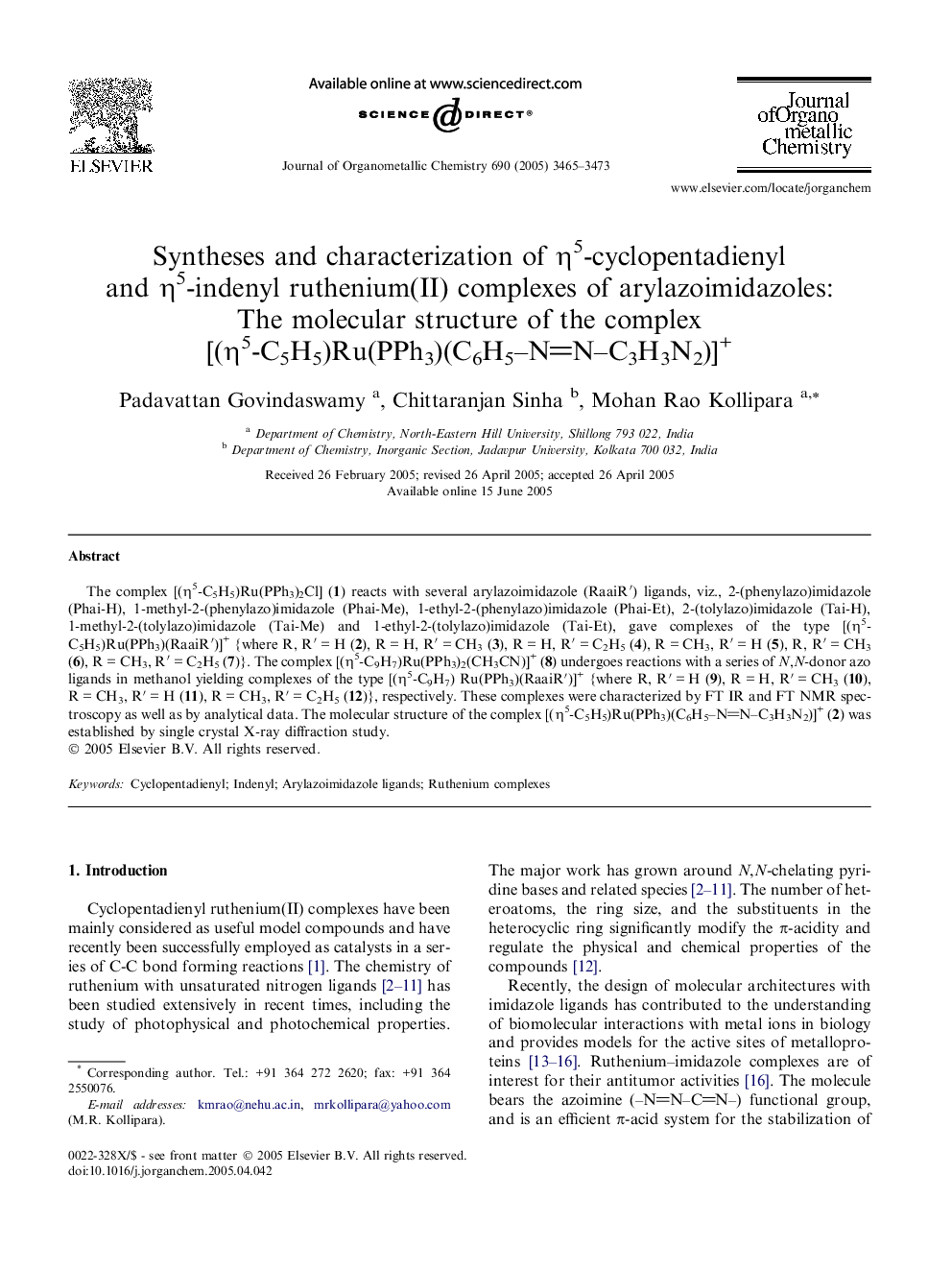 Syntheses and characterization of η5-cyclopentadienyl and η5-indenyl ruthenium(II) complexes of arylazoimidazoles: The molecular structure of the complex [(η5-C5H5)Ru(PPh3)(C6H5–NN–C3H3N2)]+