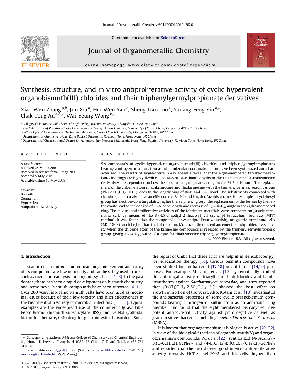 Synthesis, structure, and in vitro antiproliferative activity of cyclic hypervalent organobismuth(III) chlorides and their triphenylgermylpropionate derivatives