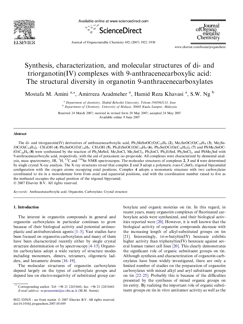 Synthesis, characterization, and molecular structures of di- and triorganotin(IV) complexes with 9-anthracenecarboxylic acid: The structural diversity in organotin 9-anthracenecarboxylates