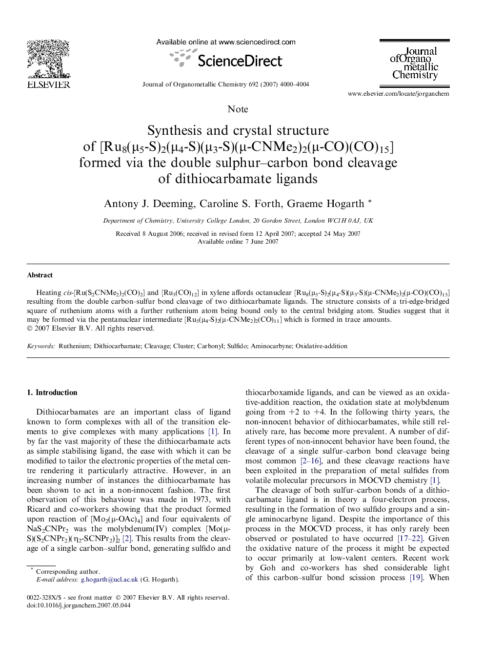 Synthesis and crystal structure of [Ru8(μ5-S)2(μ4-S)(μ3-S)(μ-CNMe2)2(μ-CO)(CO)15] formed via the double sulphur–carbon bond cleavage of dithiocarbamate ligands