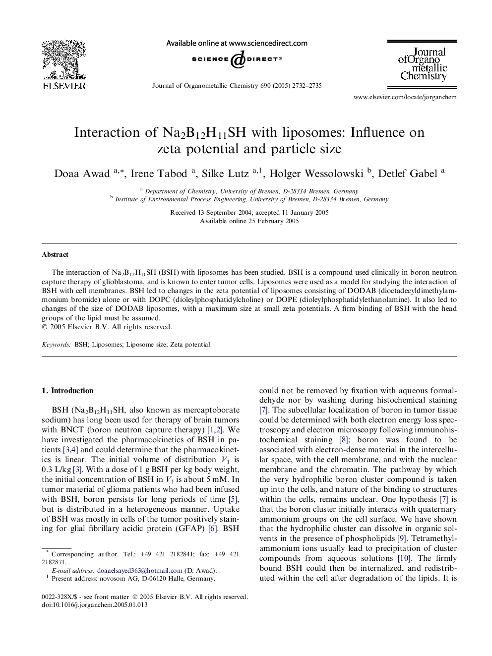 Interaction of Na2B12H11SH with liposomes: Influence on zeta potential and particle size