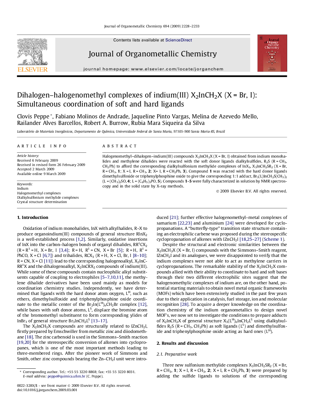 Dihalogen–halogenomethyl complexes of indium(III) X2InCH2X (X = Br, I): Simultaneous coordination of soft and hard ligands