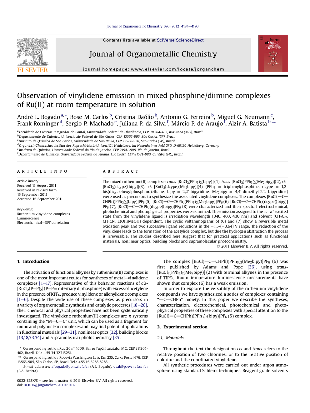 Observation of vinylidene emission in mixed phosphine/diimine complexes of Ru(II) at room temperature in solution