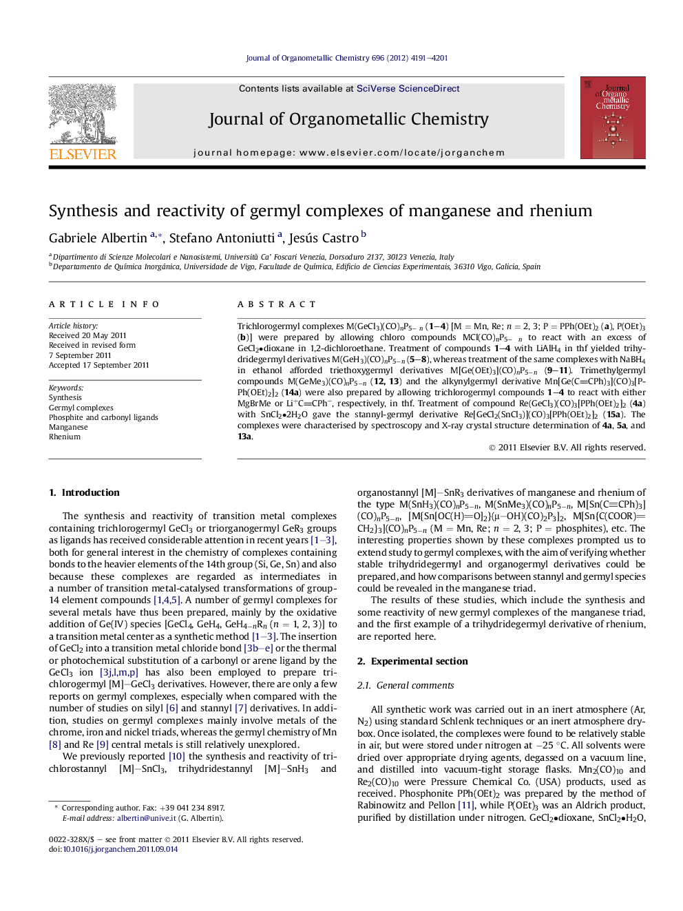 Synthesis and reactivity of germyl complexes of manganese and rhenium