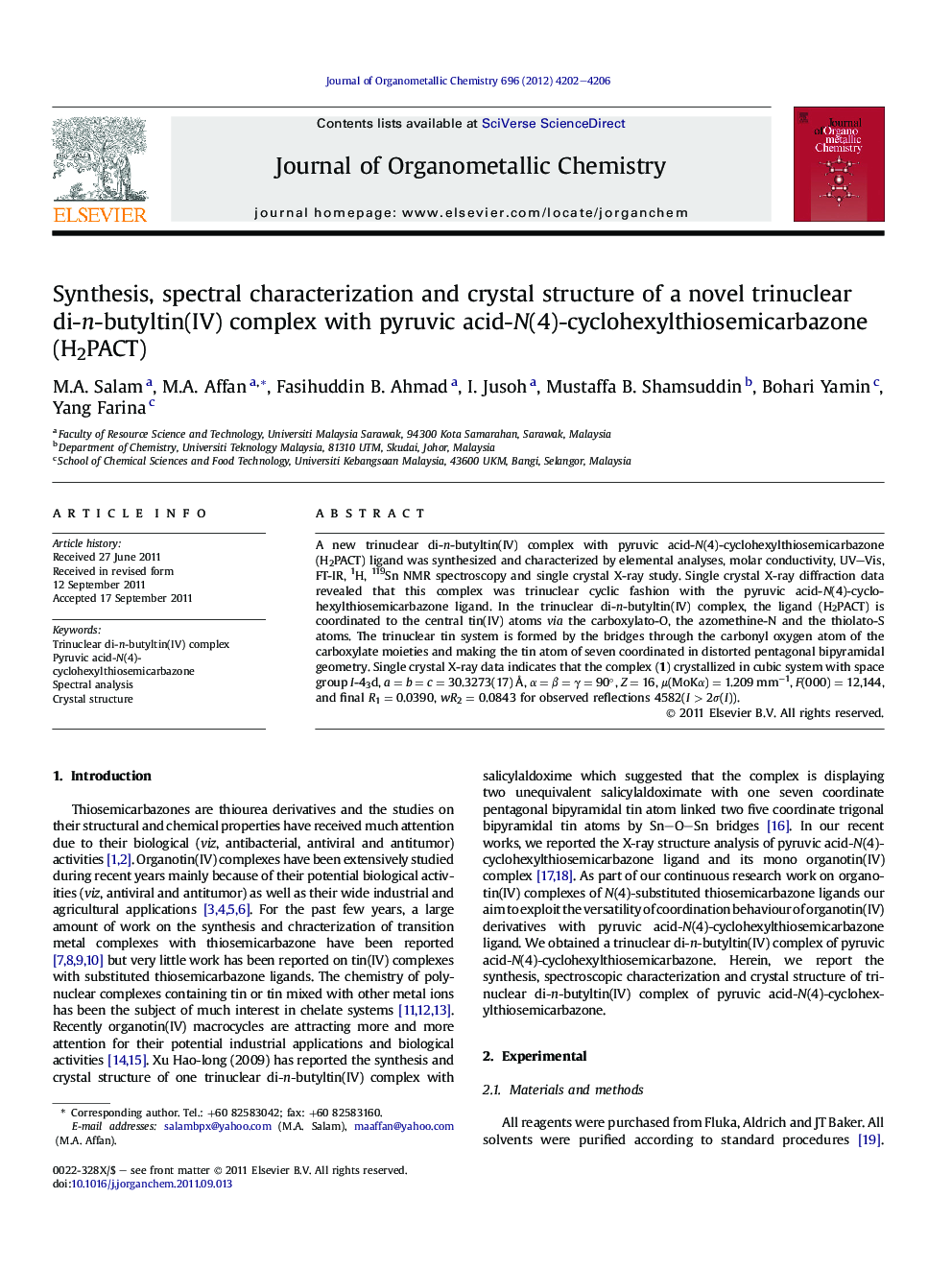 Synthesis, spectral characterization and crystal structure of a novel trinuclear di-n-butyltin(IV) complex with pyruvic acid-N(4)-cyclohexylthiosemicarbazone (H2PACT)