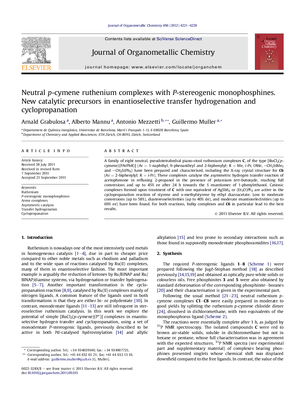 Neutral p-cymene ruthenium complexes with P-stereogenic monophosphines. New catalytic precursors in enantioselective transfer hydrogenation and cyclopropanation