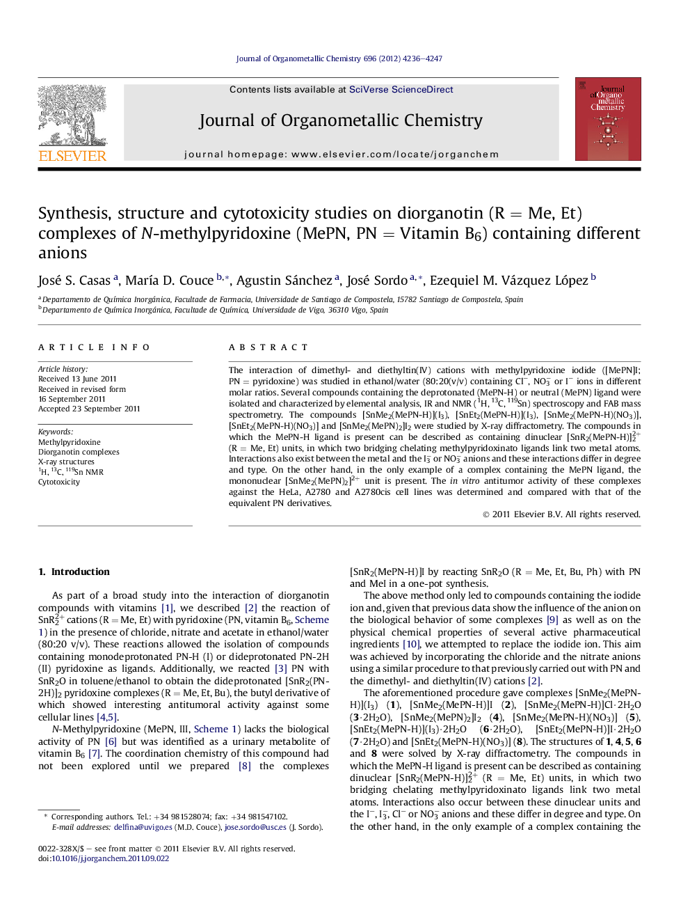 Synthesis, structure and cytotoxicity studies on diorganotin (R = Me, Et) complexes of N-methylpyridoxine (MePN, PN = Vitamin B6) containing different anions