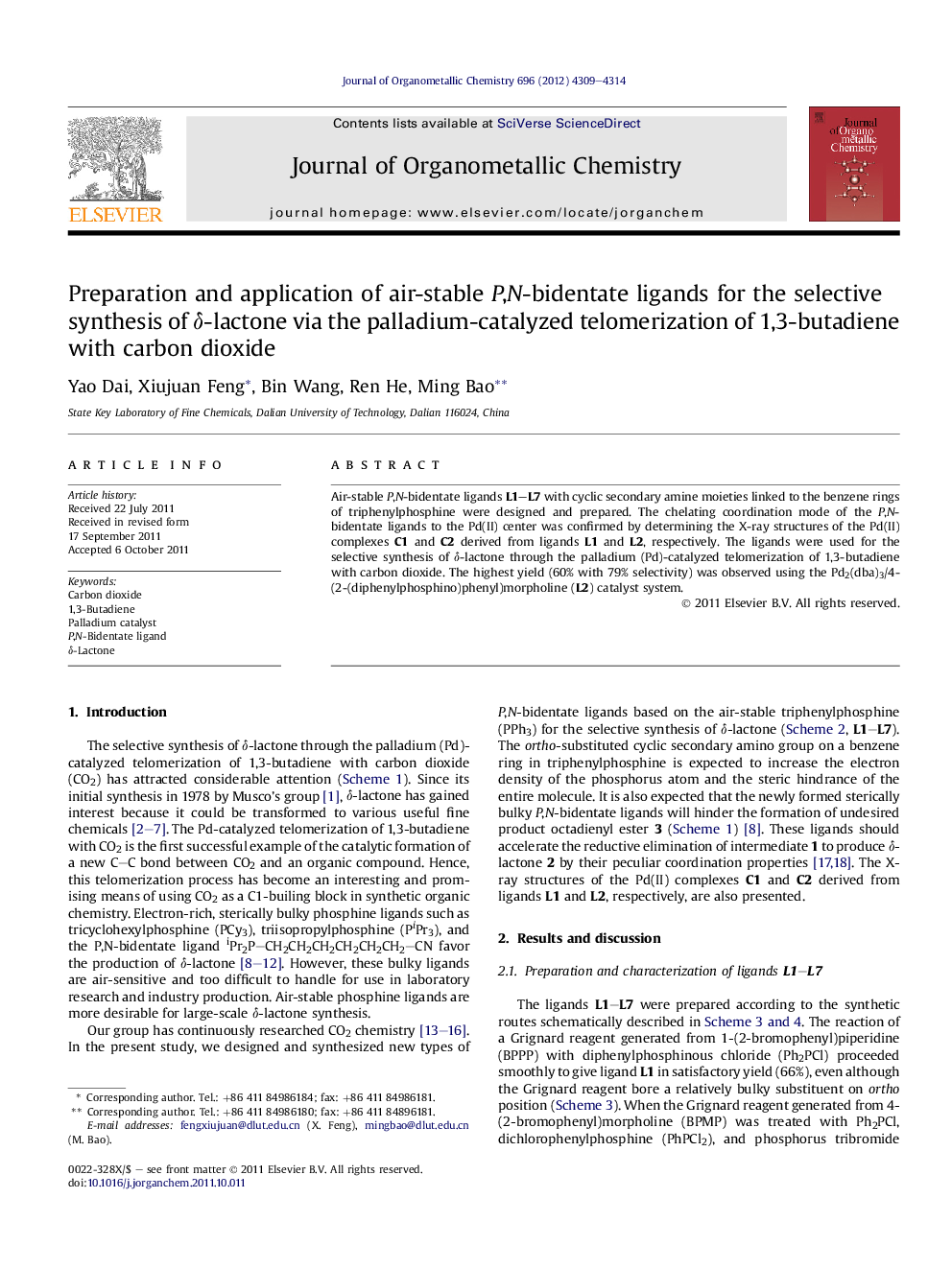 Preparation and application of air-stable P,N-bidentate ligands for the selective synthesis of δ-lactone via the palladium-catalyzed telomerization of 1,3-butadiene with carbon dioxide