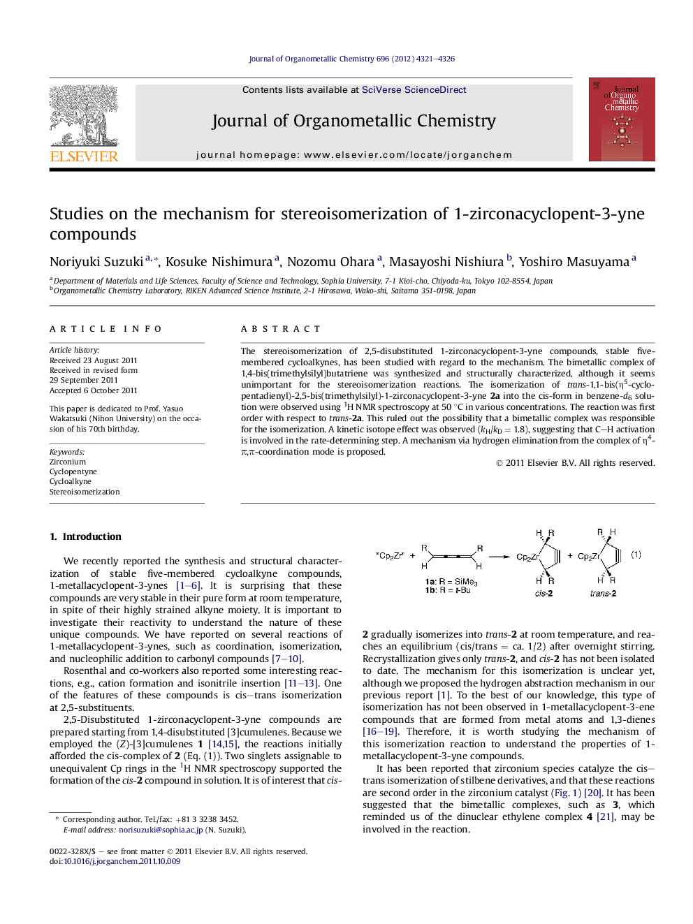 Studies on the mechanism for stereoisomerization of 1-zirconacyclopent-3-yne compounds